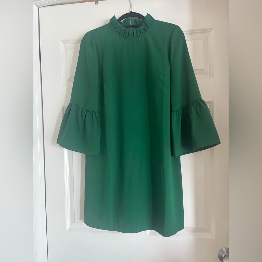 J. Crew Ruffle-neck Shift Bell Sleeve Dress in 365 crepe (forest green)